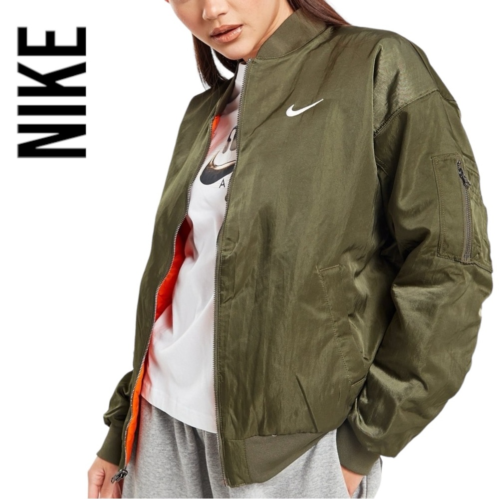 NWT Nike Sportswear Women's Reversible Varsity Bomber Jacket~Green/Orange~1X